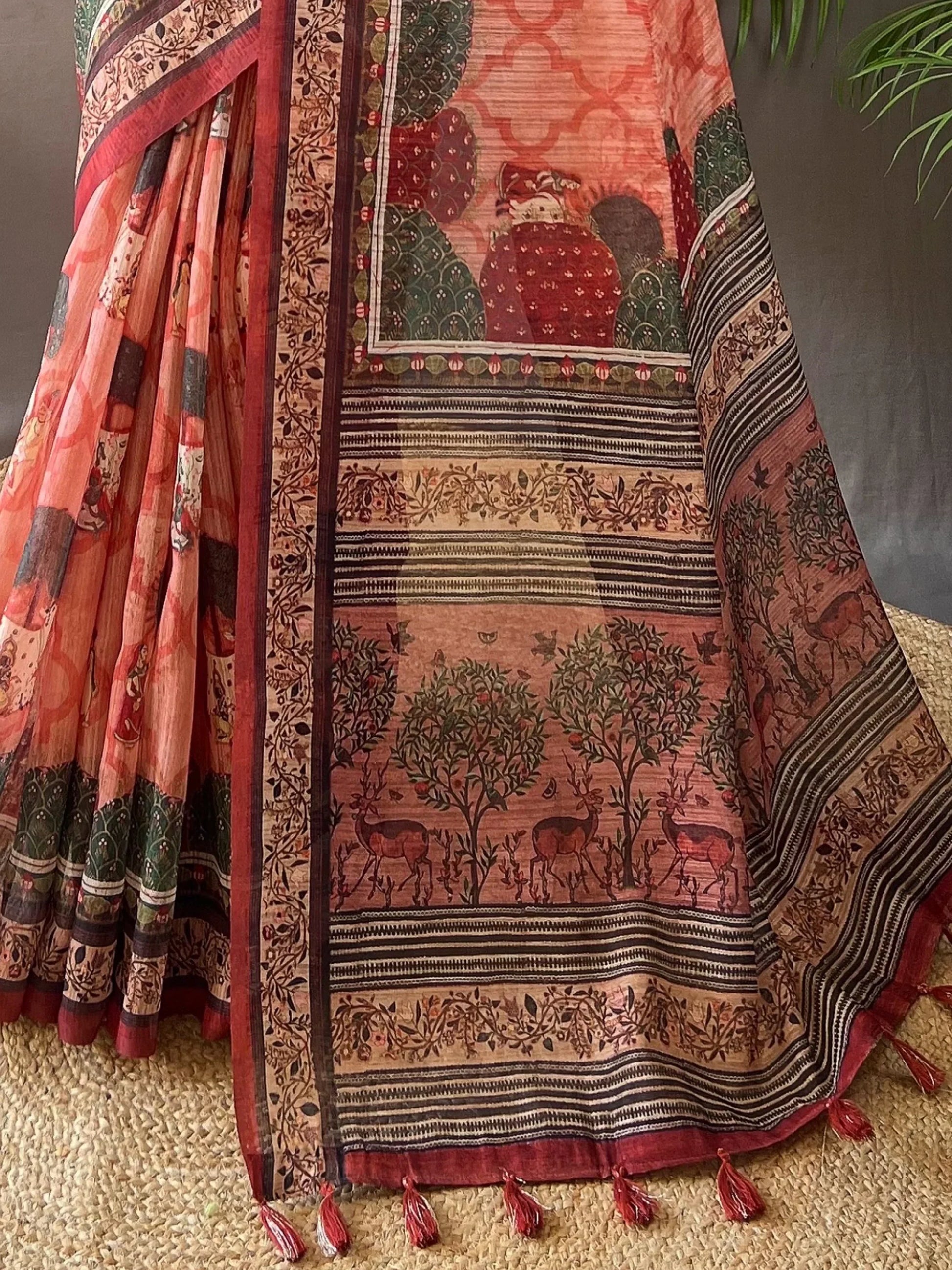 Beautiful Peach Printed Silk Event Wear Saree With Blouse - Zeel Clothing