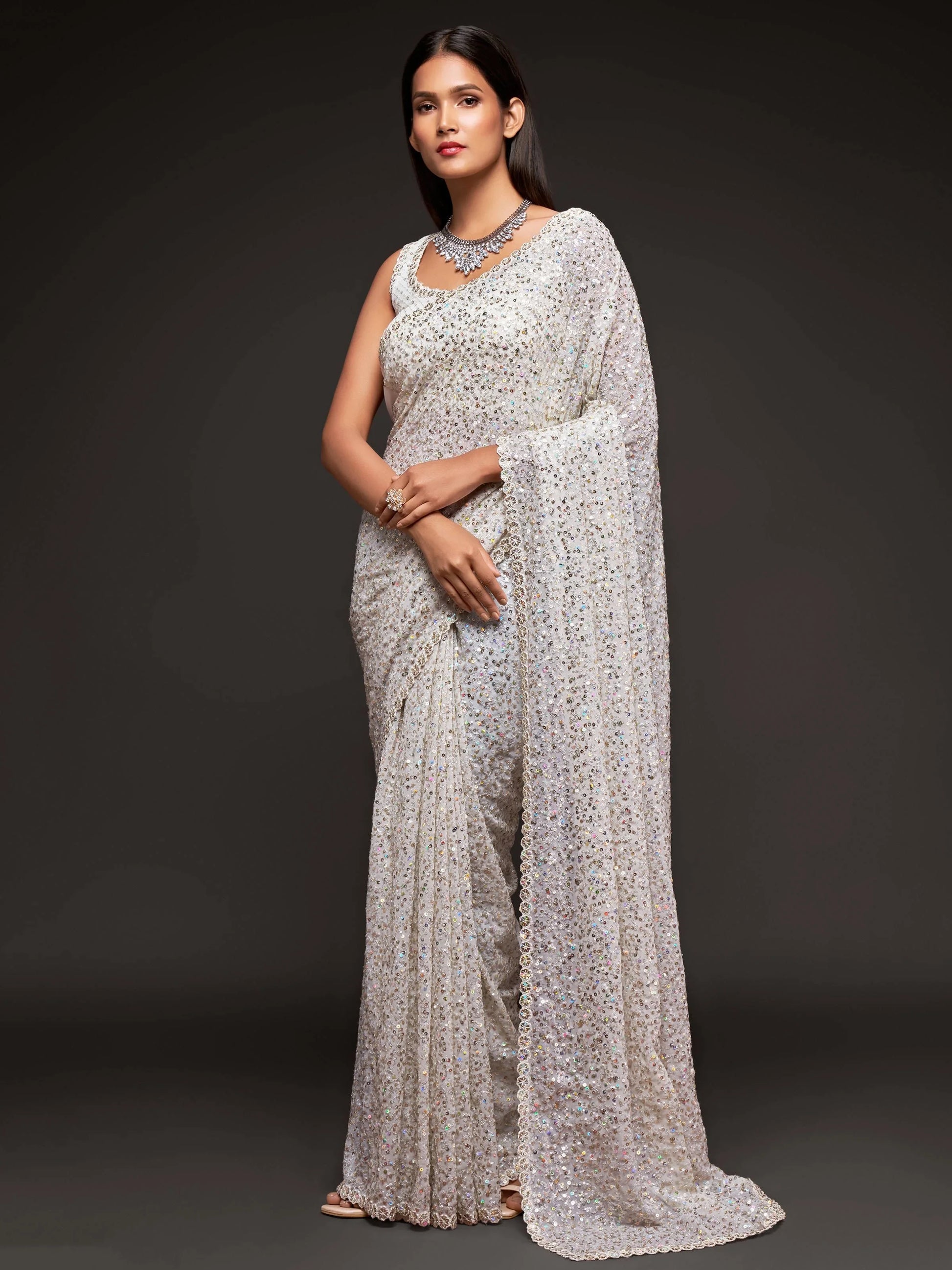 Beautiful Pearl White Sequined Georgette Party Wear Saree - Zeel Clothing