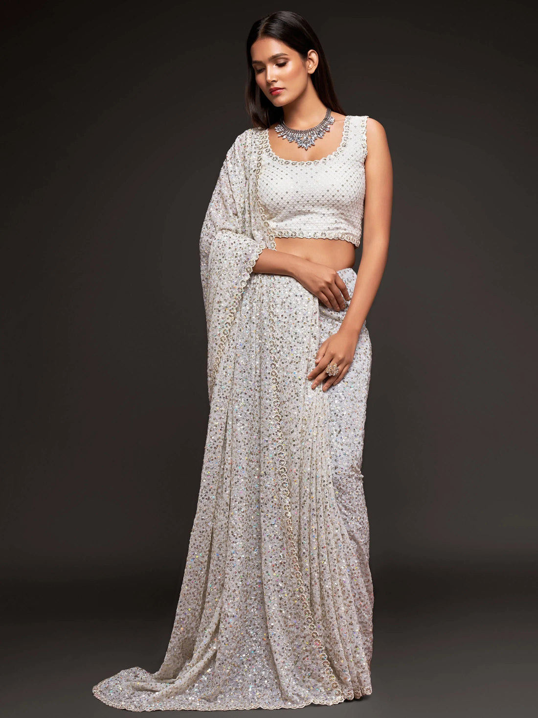 Beautiful Pearl White Sequined Georgette Party Wear Saree - Zeel Clothing