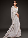 Beautiful Pearl White Sequined Georgette Party Wear Saree - Zeel Clothing