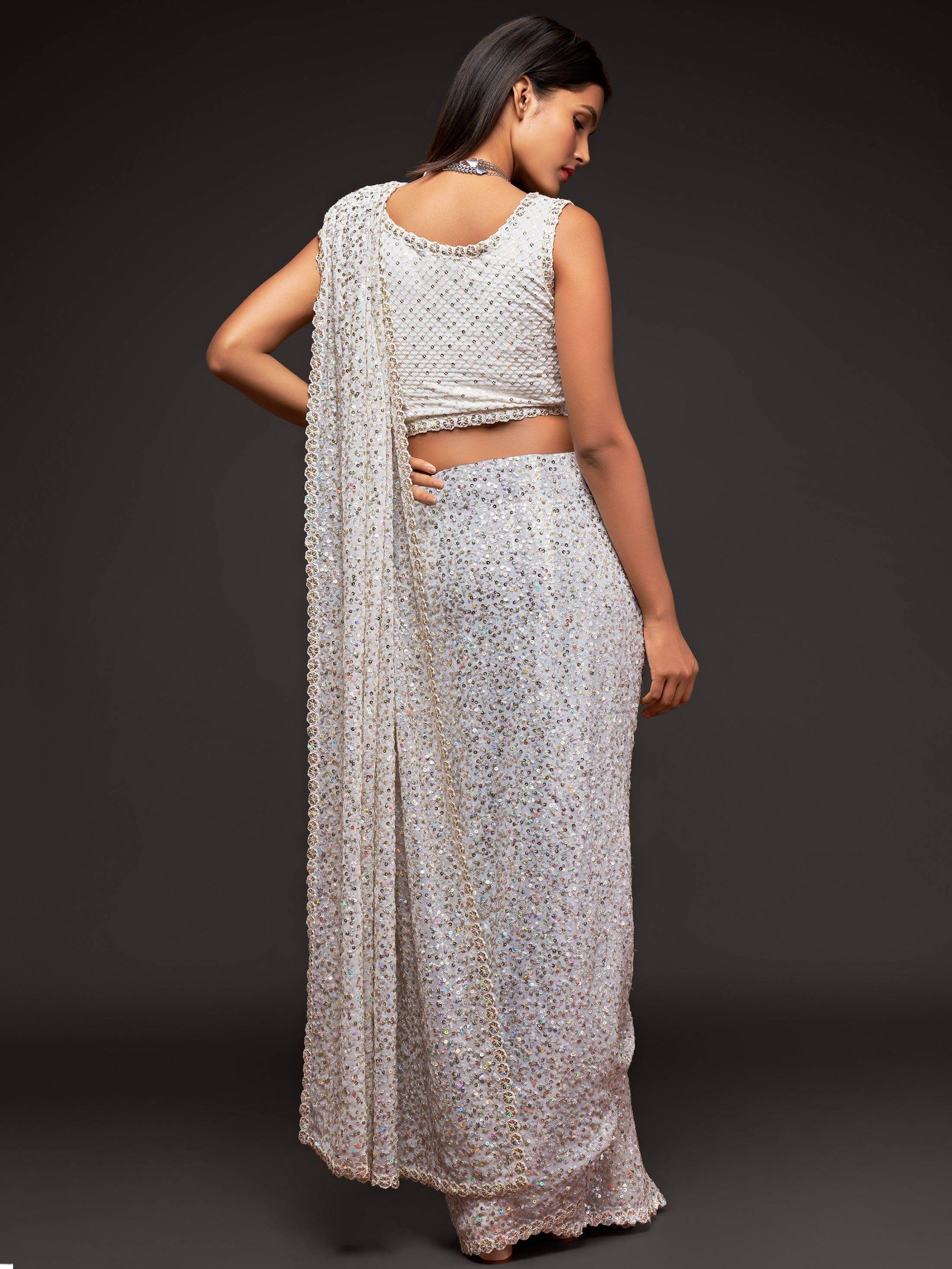 Beautiful Pearl White Sequined Georgette Party Wear Saree - Zeel Clothing