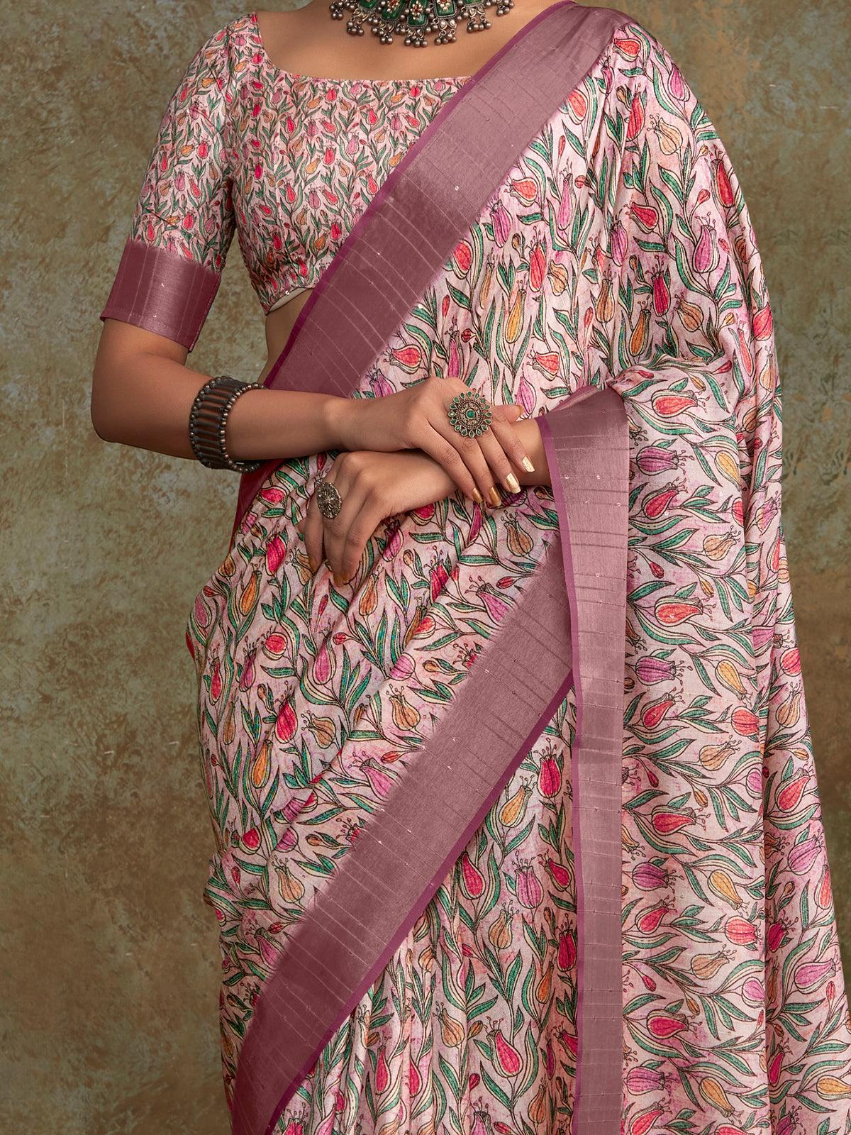 Beautiful Pink Digital Printed Silk Event Wear Saree With Blouse