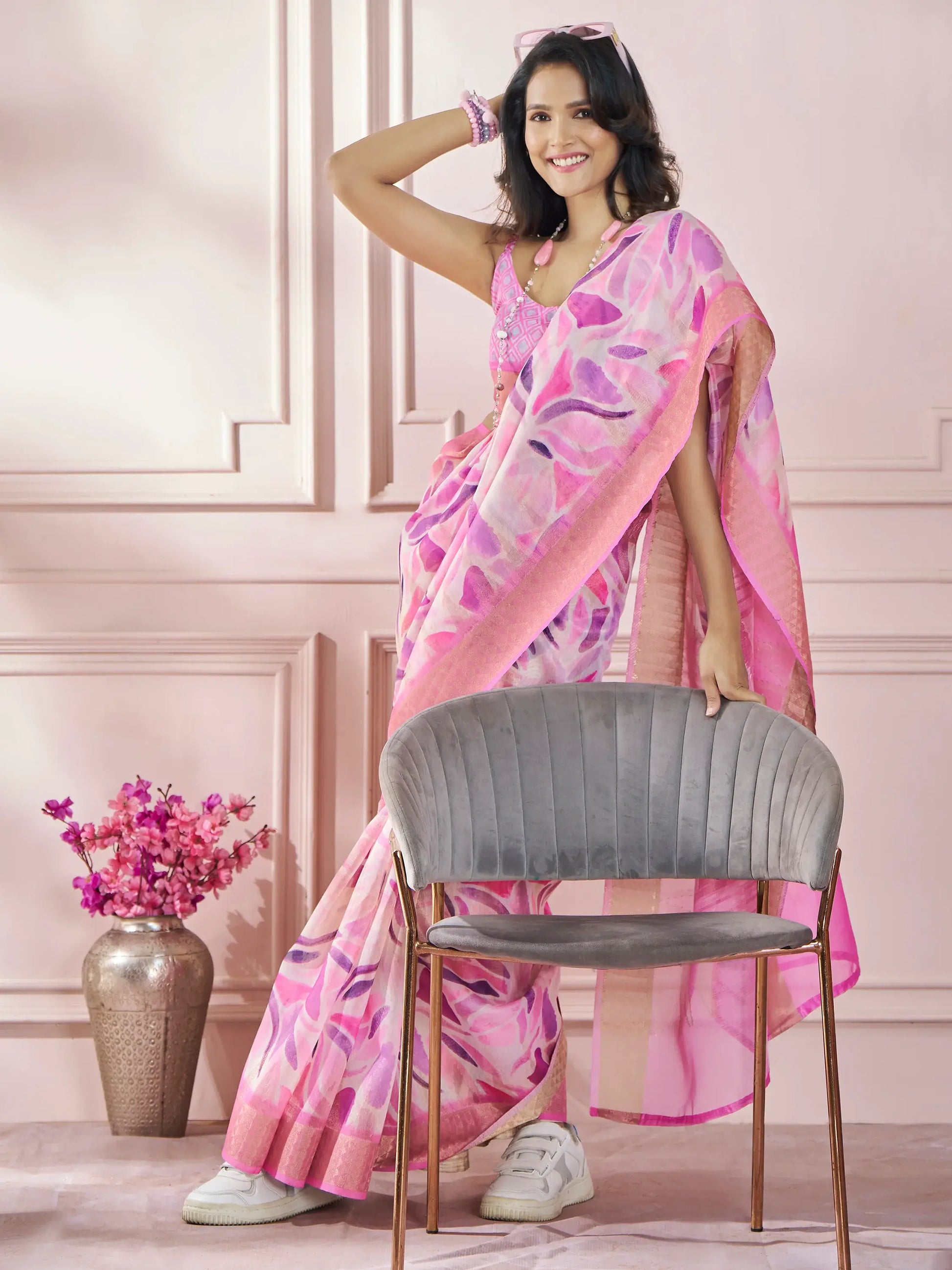Beautiful Pink Digital Printed Silk Festival Wear Saree With Blouse - Zeel Clothing