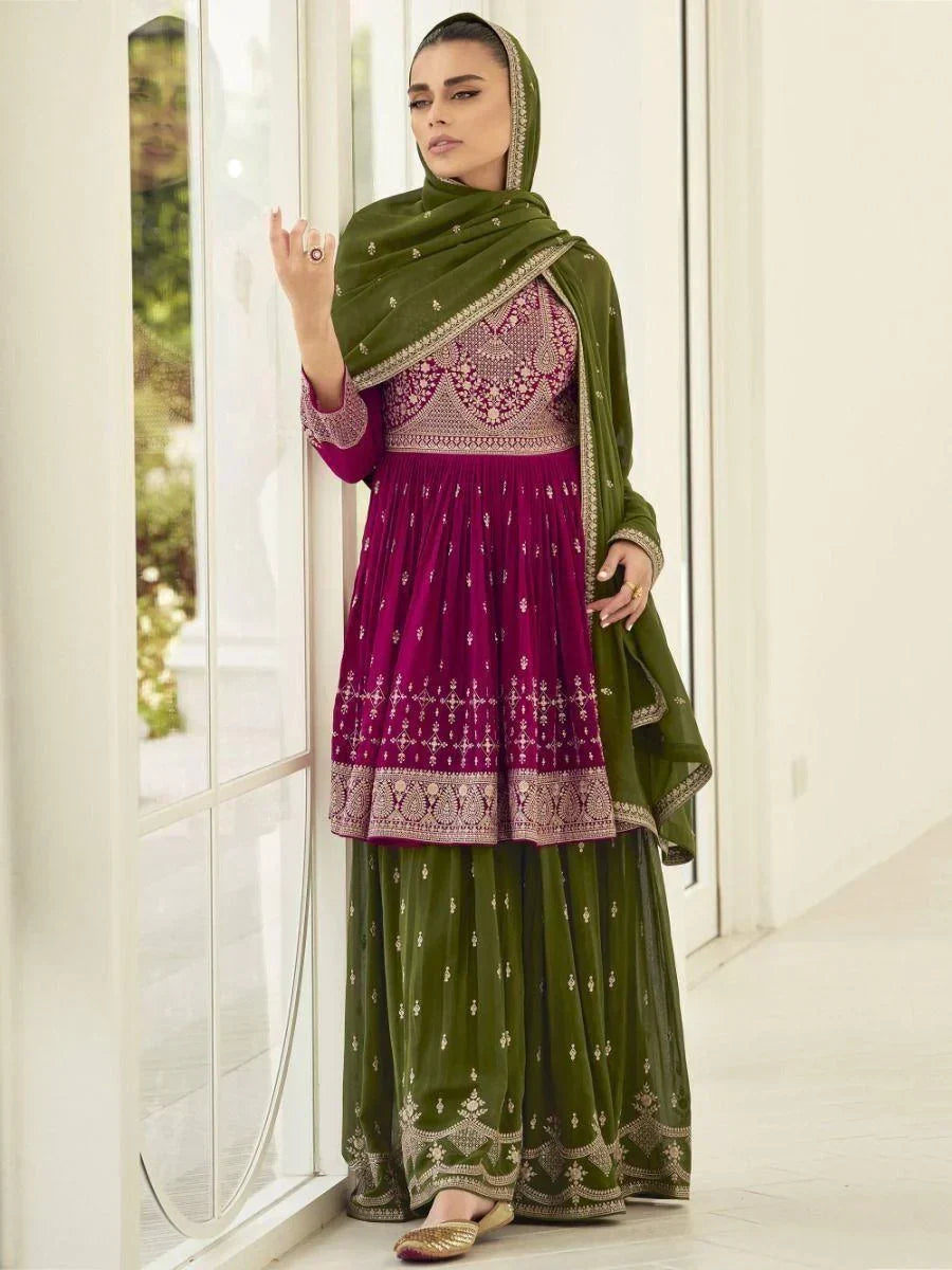Beautiful Pink Embroidered Georgette Wedding Wear Palazzo Suit