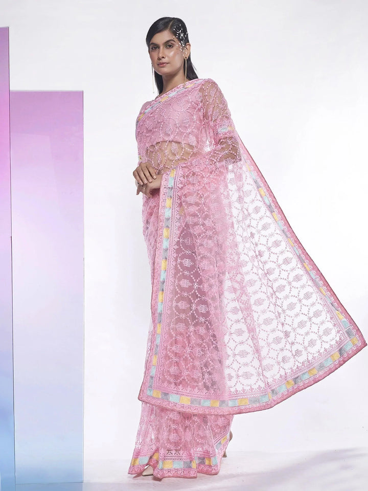 Beautiful Pink Embroidered Net Party Wear Saree With Blouse