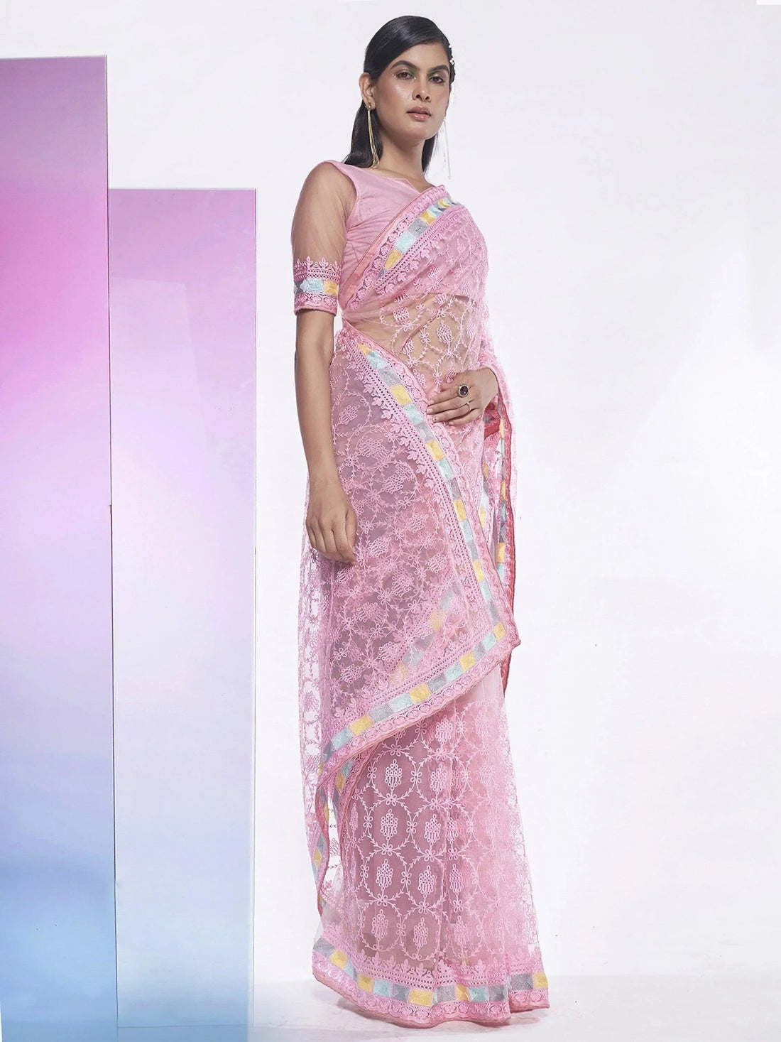 Beautiful Pink Embroidered Net Party Wear Saree With Blouse