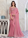 Beautiful Pink Embroidered Shimmer Silk Designer Saree With Blouse - Zeel Clothing