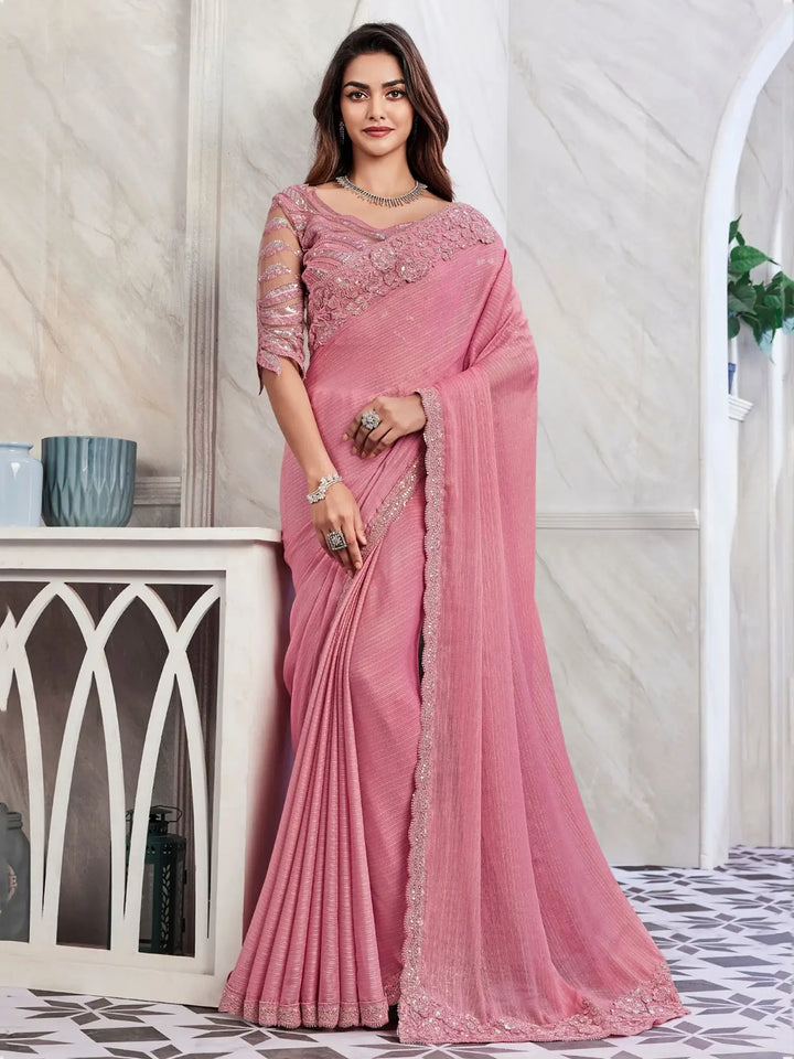 Beautiful Pink Embroidered Shimmer Silk Designer Saree With Blouse - Zeel Clothing