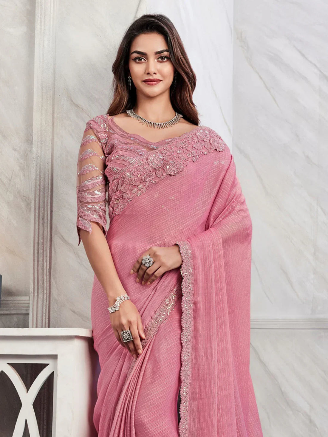 Beautiful Pink Embroidered Shimmer Silk Designer Saree With Blouse