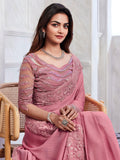Beautiful Pink Embroidered Shimmer Silk Designer Saree With Blouse