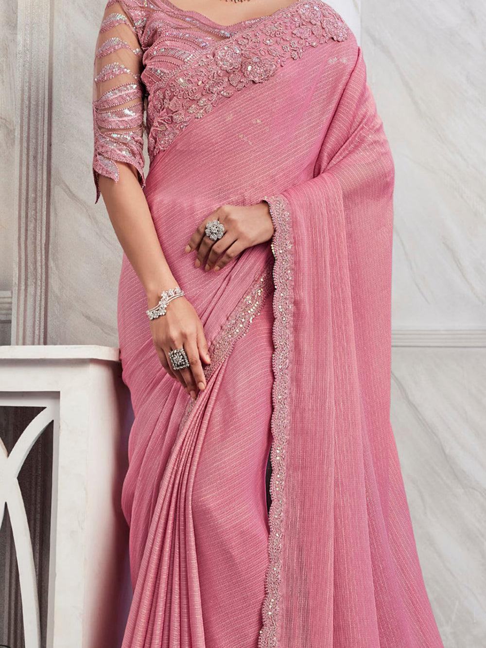 Beautiful Pink Embroidered Shimmer Silk Designer Saree With Blouse