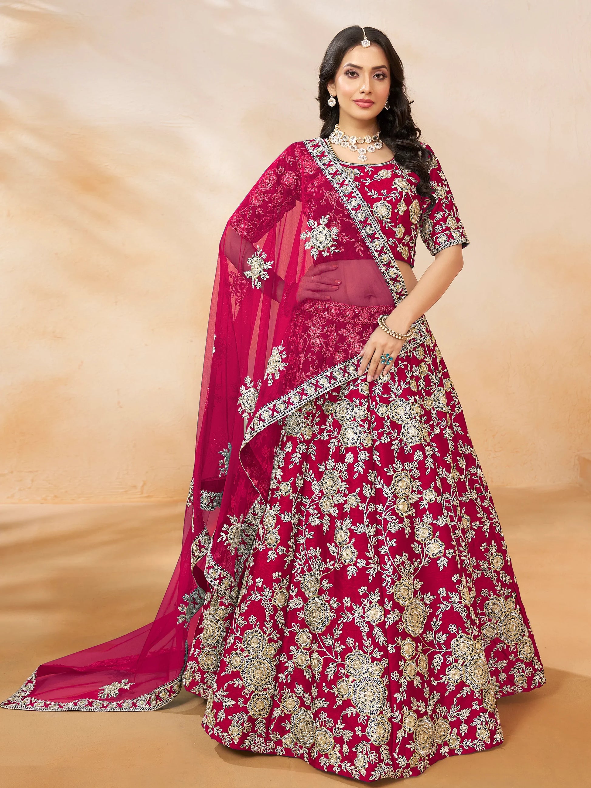Beautiful Pink Embroidered Silk Wedding Lehenga Choli With Dupatta - Zeel Clothing
