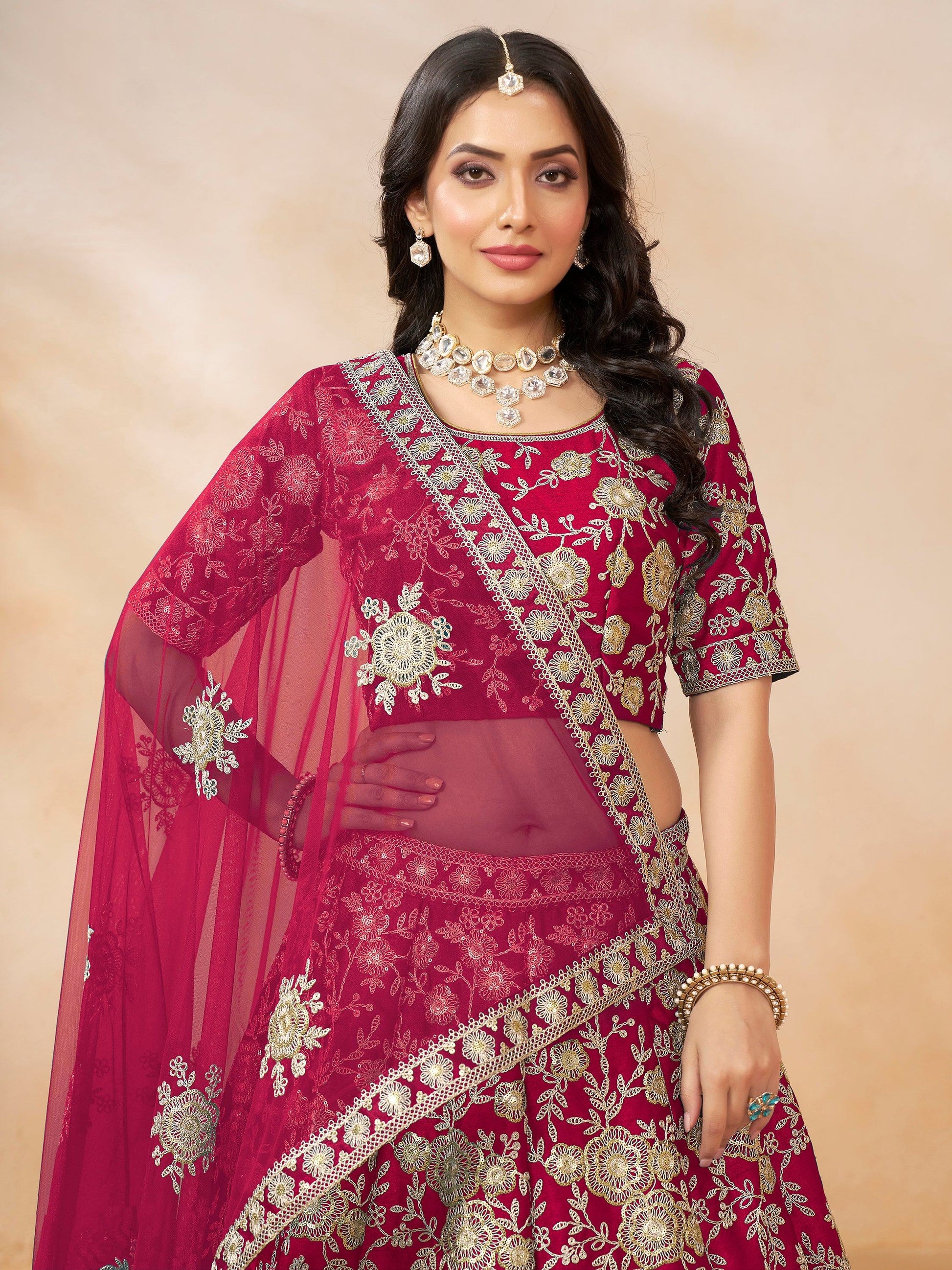Beautiful Pink Embroidered Silk Wedding Lehenga Choli With Dupatta - Zeel Clothing