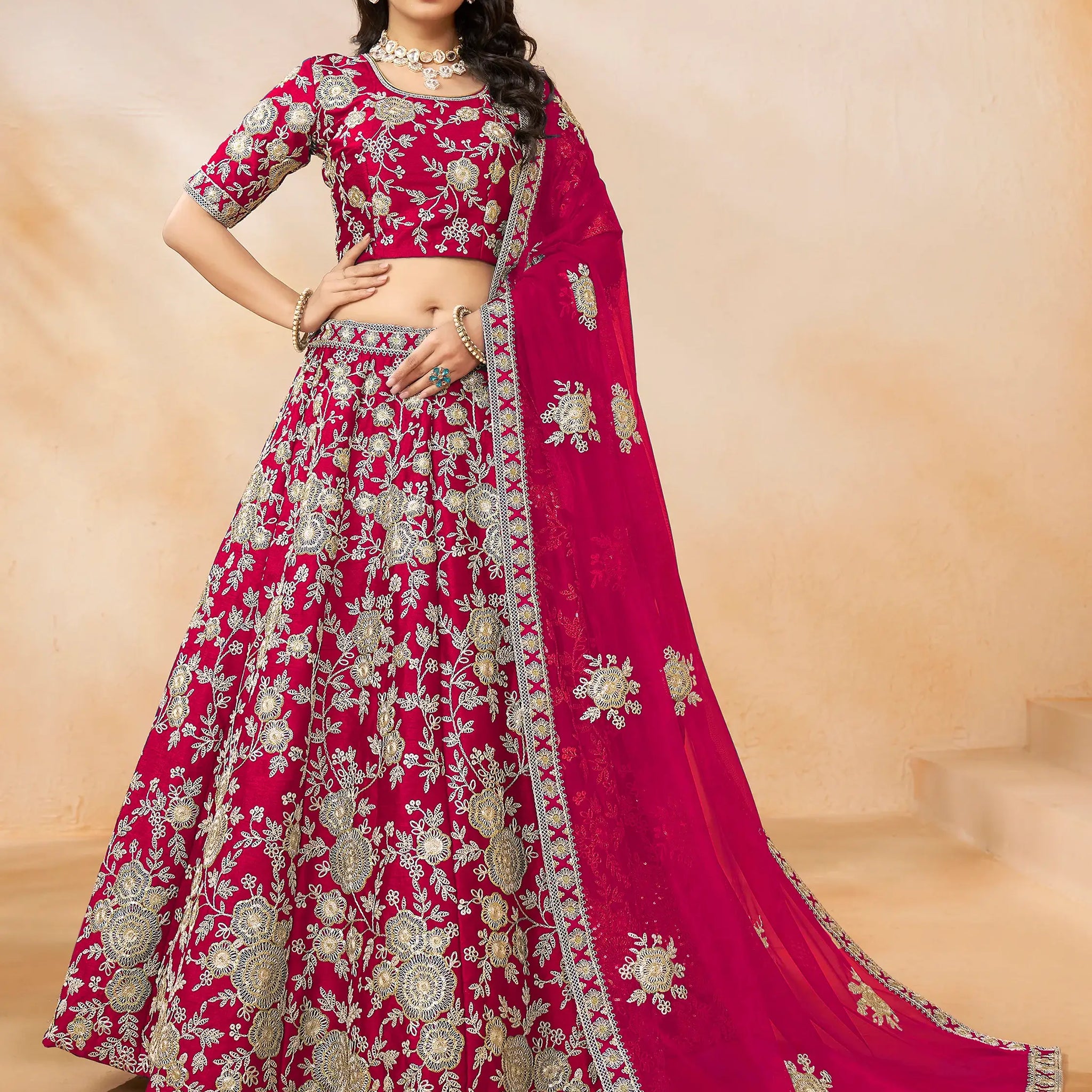 Beautiful Pink Embroidered Silk Wedding Lehenga Choli With Dupatta - Zeel Clothing