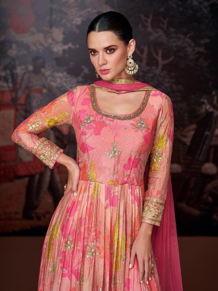 Beautiful Pink Floral Printed Georgette Festive Wear Pant Suit