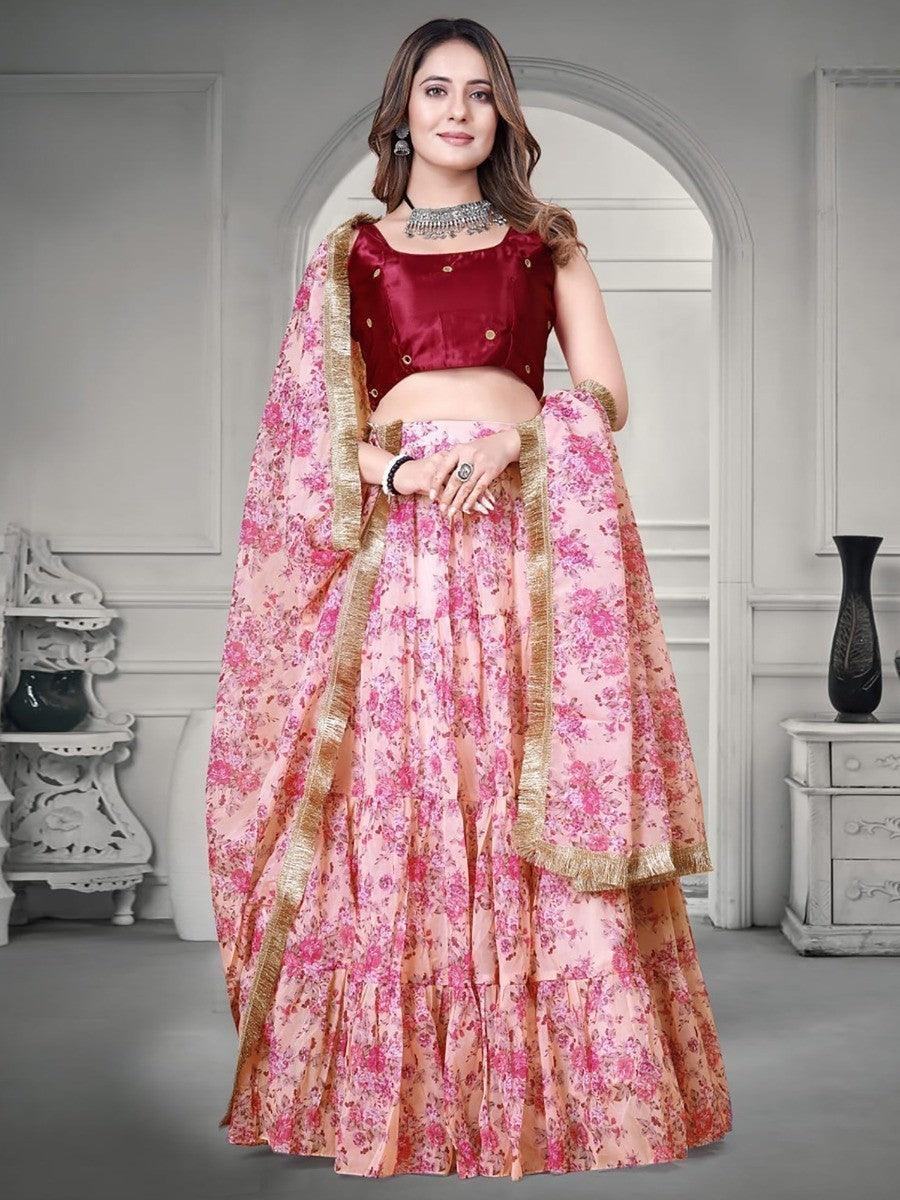Beautiful Pink Floral Printed Organza Designer Lehenga Choli With Dupatta