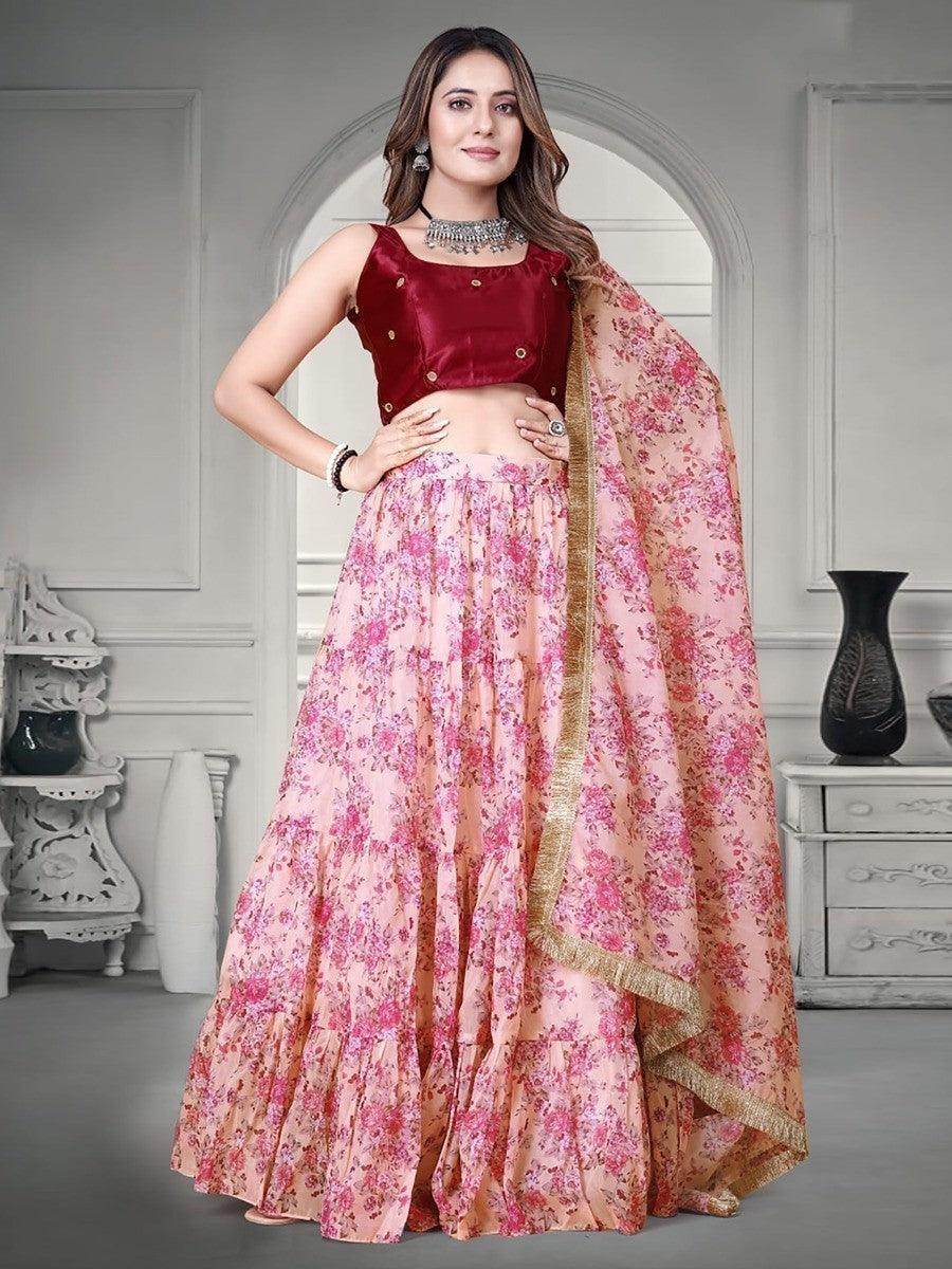 Beautiful Pink Floral Printed Organza Designer Lehenga Choli With Dupatta - Zeel Clothing