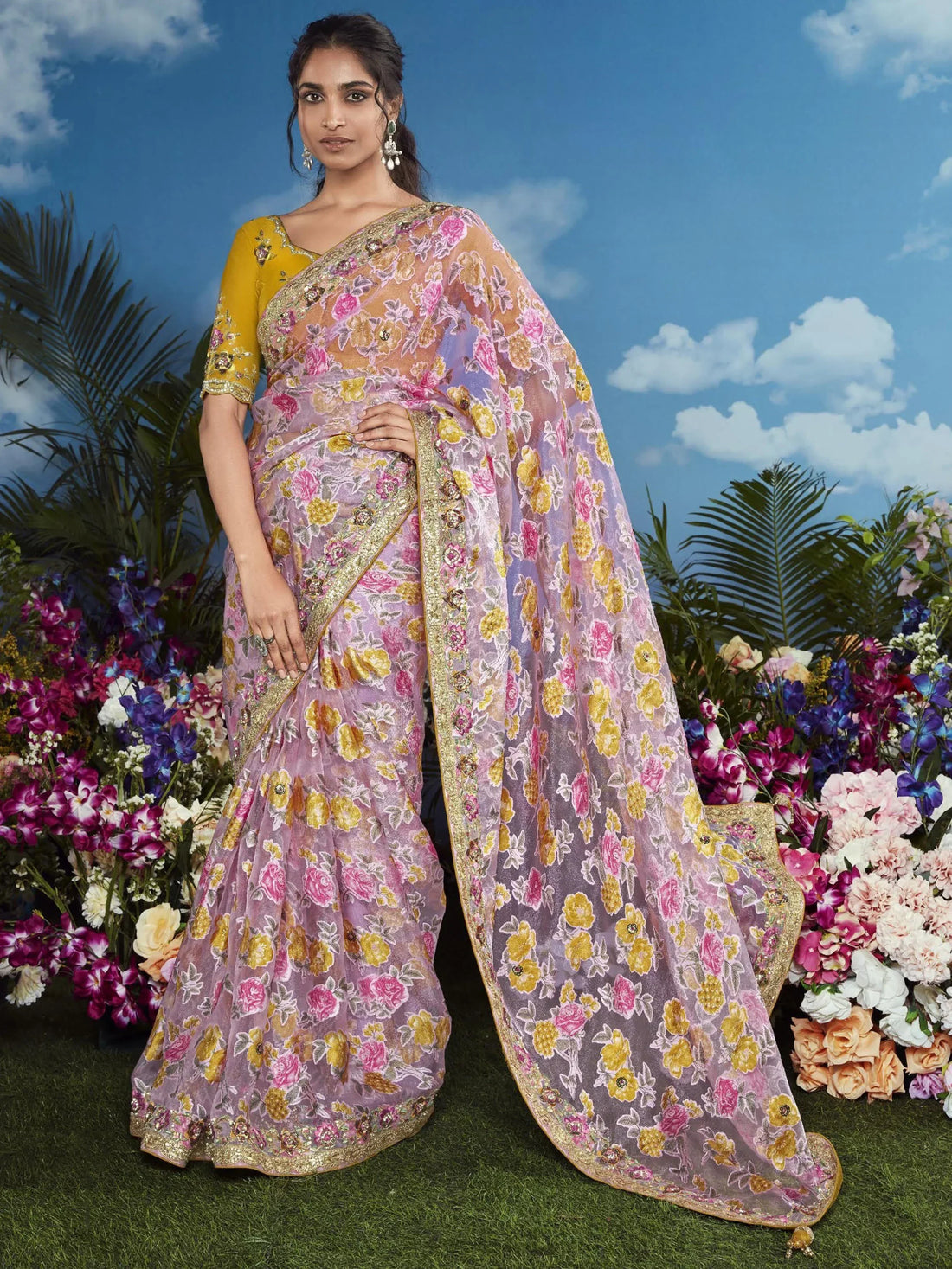 Beautiful Pink Lace Work Brasso Event Wear Saree With Blouse - Zeel Clothing