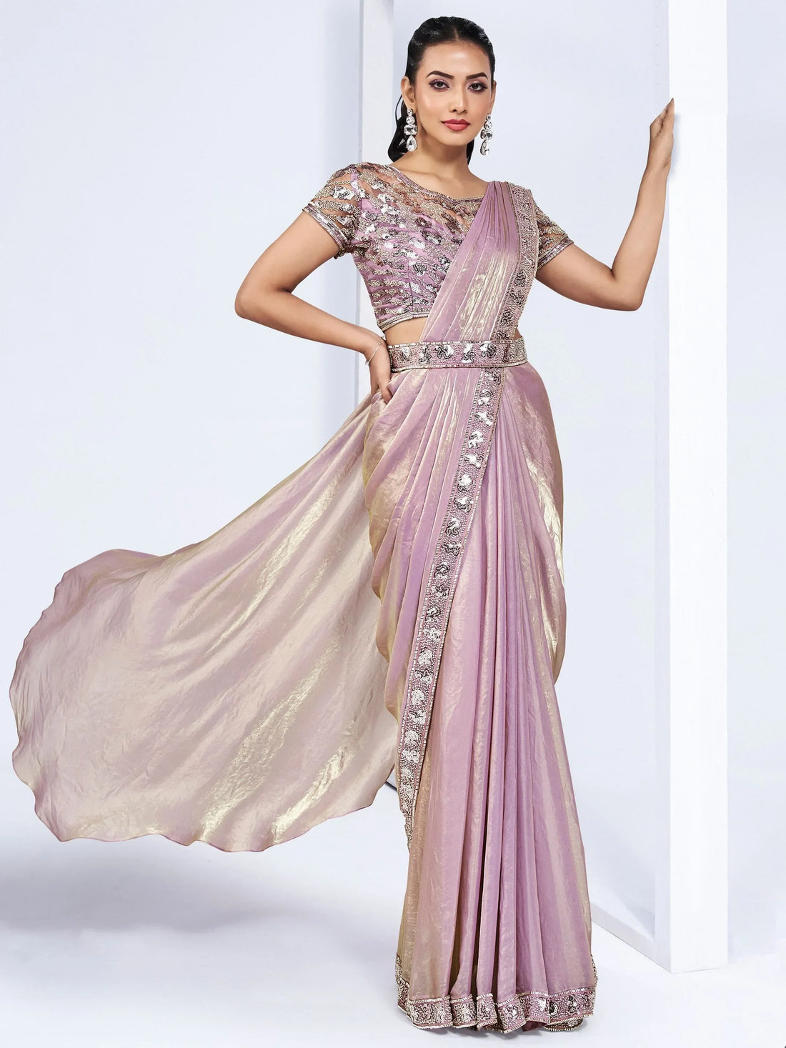 Beautiful Pink Lace Work Satin Festival Wear Saree With Blouse - Zeel Clothing