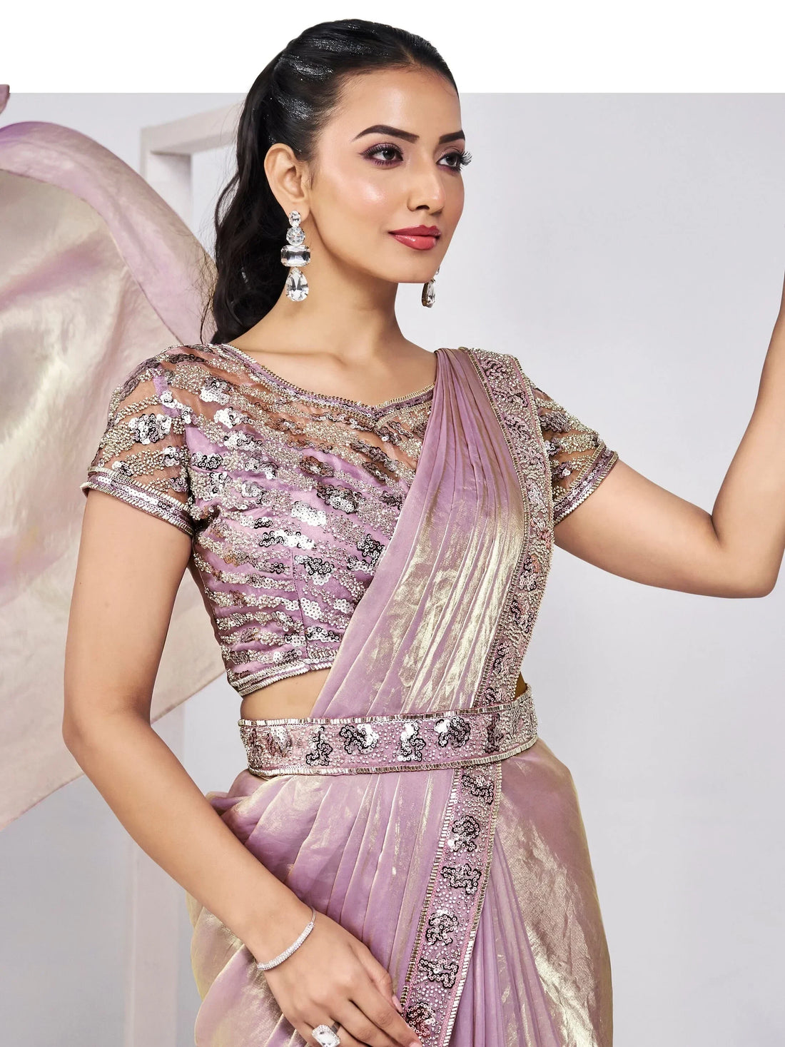 Beautiful Pink Lace Work Satin Festival Wear Saree With Blouse - Zeel Clothing