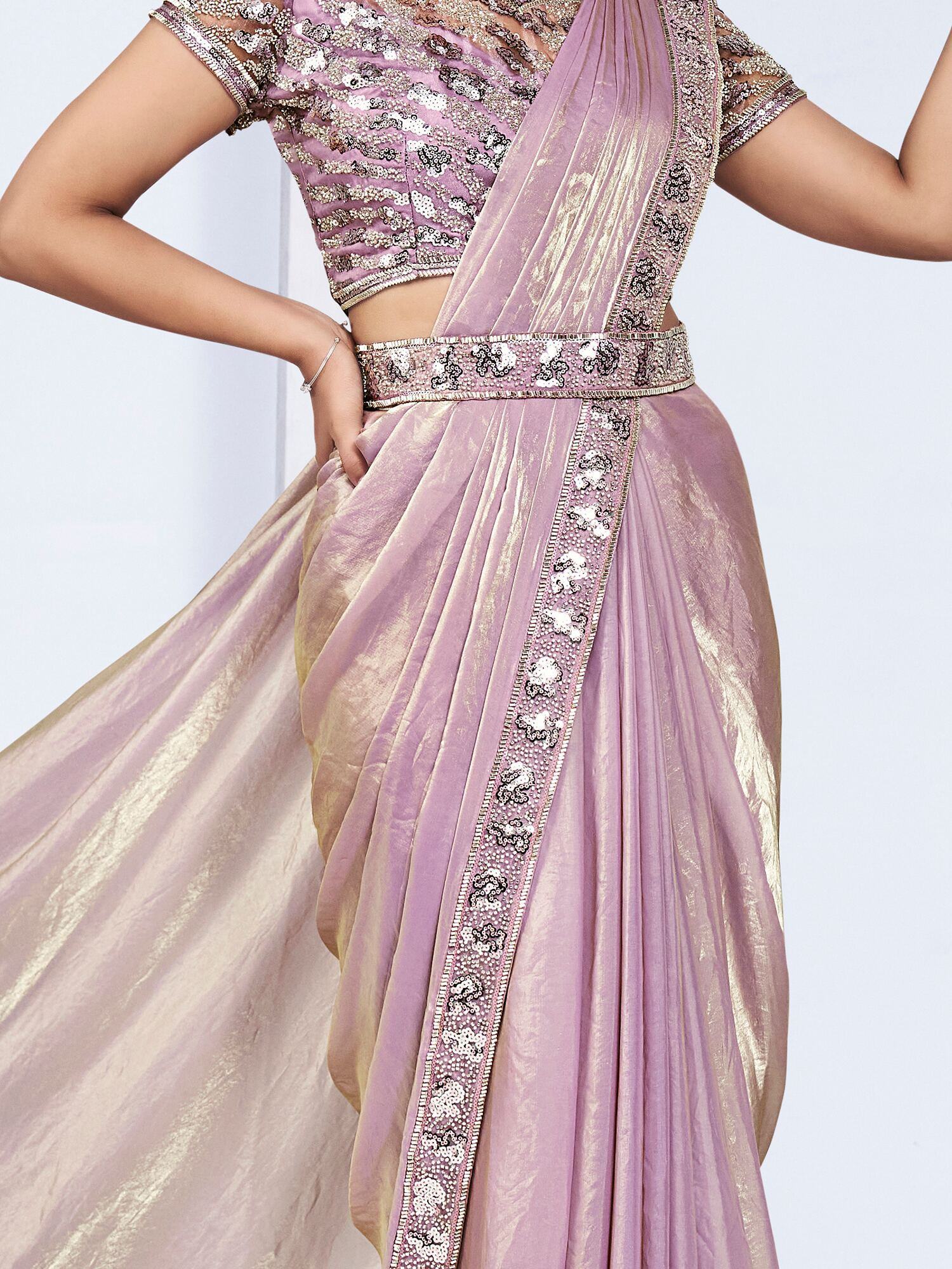 Beautiful Pink Lace Work Satin Festival Wear Saree With Blouse - Zeel Clothing