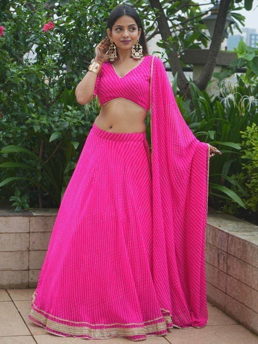 Beautiful Pink Lahariya Print Georgette Sangeet Wear Lehenga Choli - Zeel Clothing
