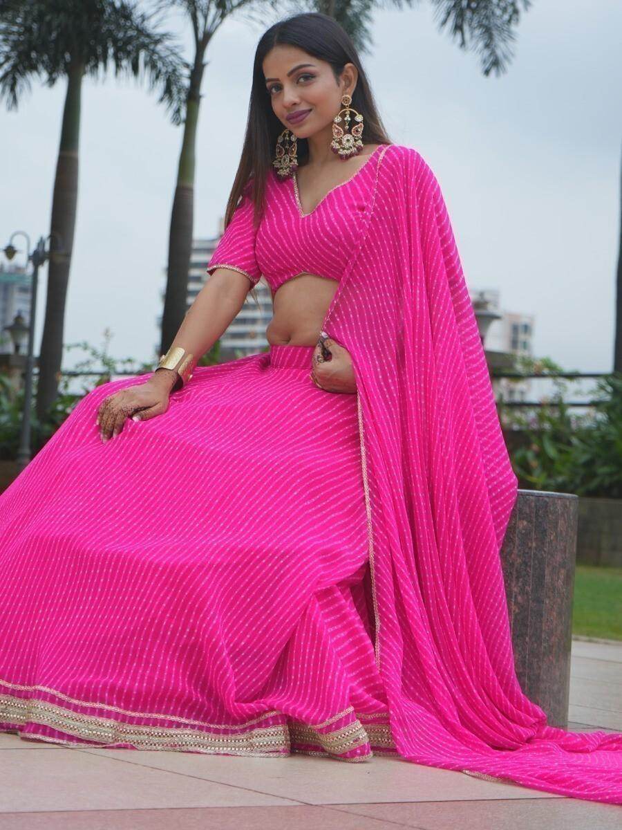 Beautiful Pink Lahariya Print Georgette Sangeet Wear Lehenga Choli - Zeel Clothing