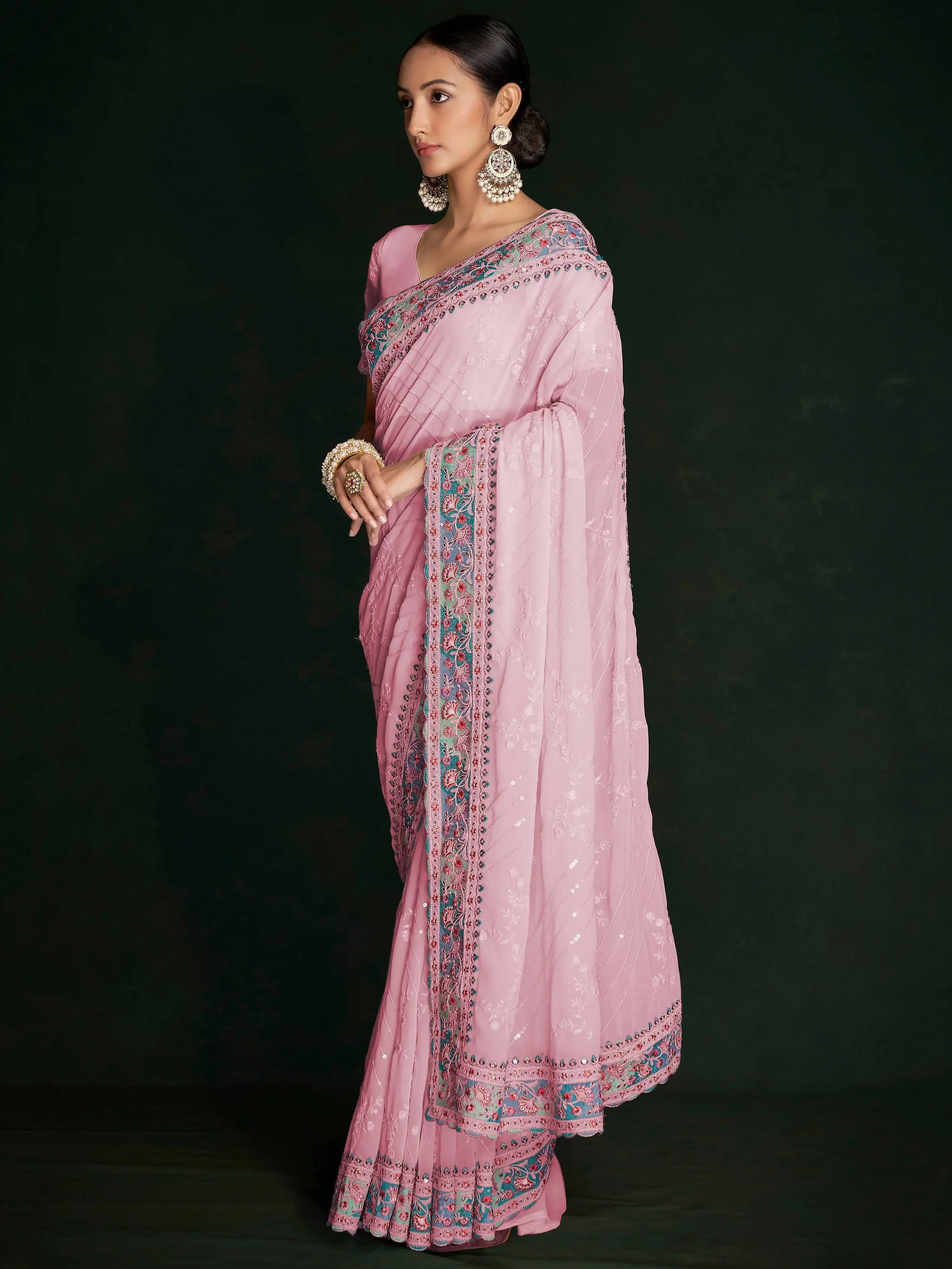Beautiful Pink Lucknowi Georgette Festival Wear Saree With Blouse - Zeel Clothing