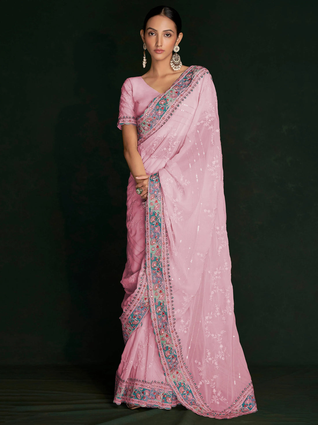 Beautiful Pink Lucknowi Georgette Festival Wear Saree With Blouse - Zeel Clothing