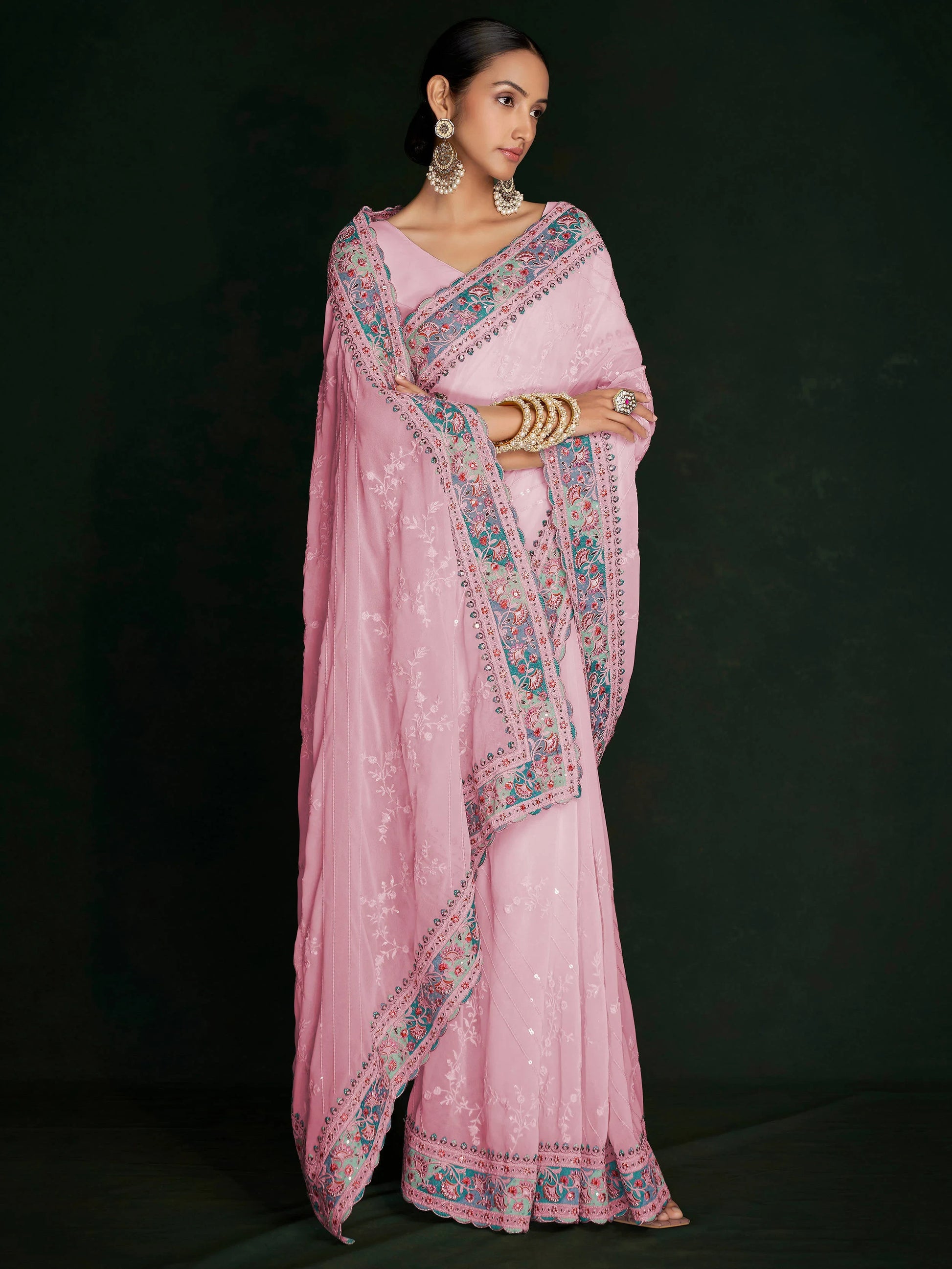 Beautiful Pink Lucknowi Georgette Festival Wear Saree With Blouse - Zeel Clothing