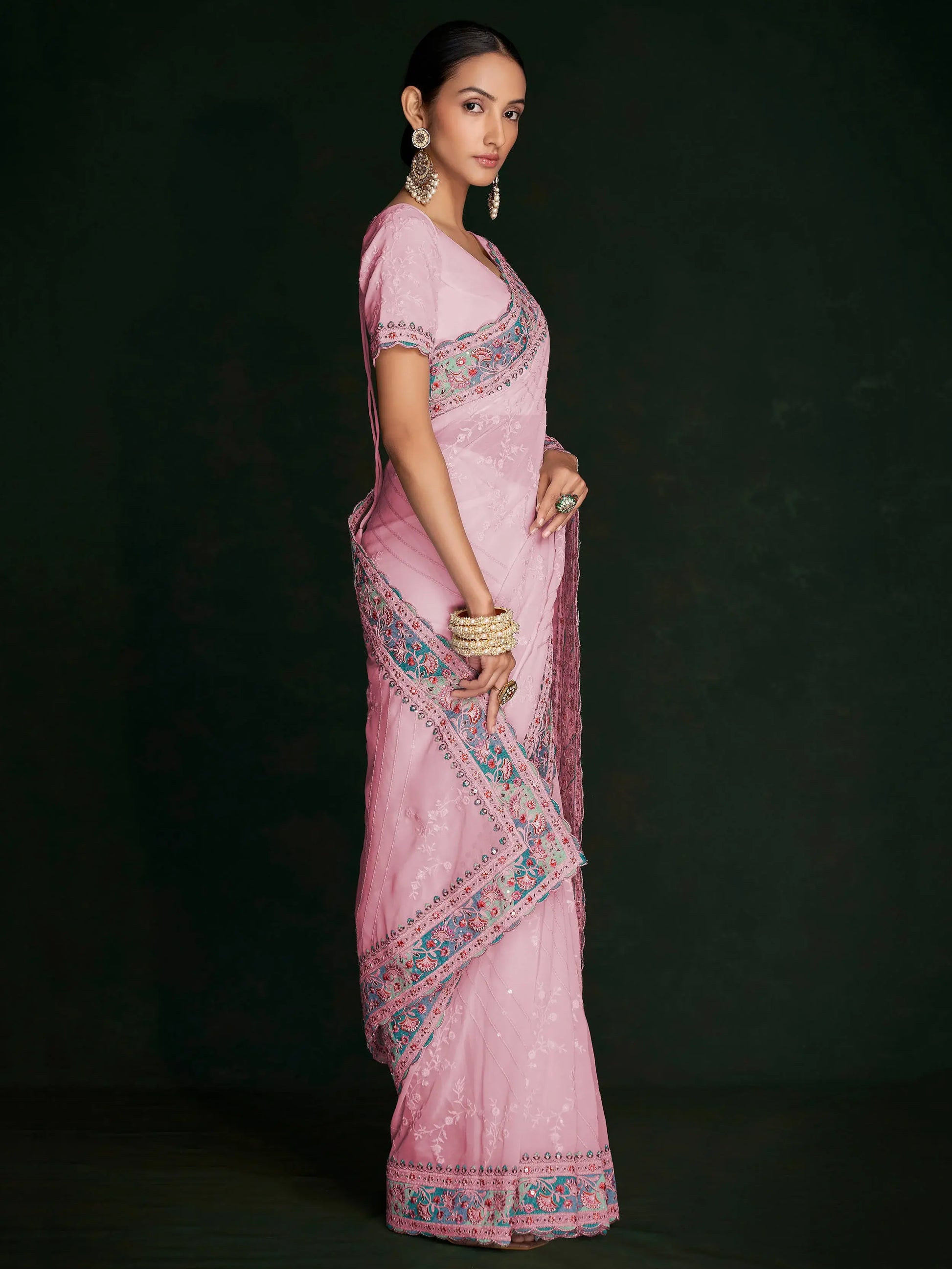 Beautiful Pink Lucknowi Georgette Festival Wear Saree With Blouse - Zeel Clothing