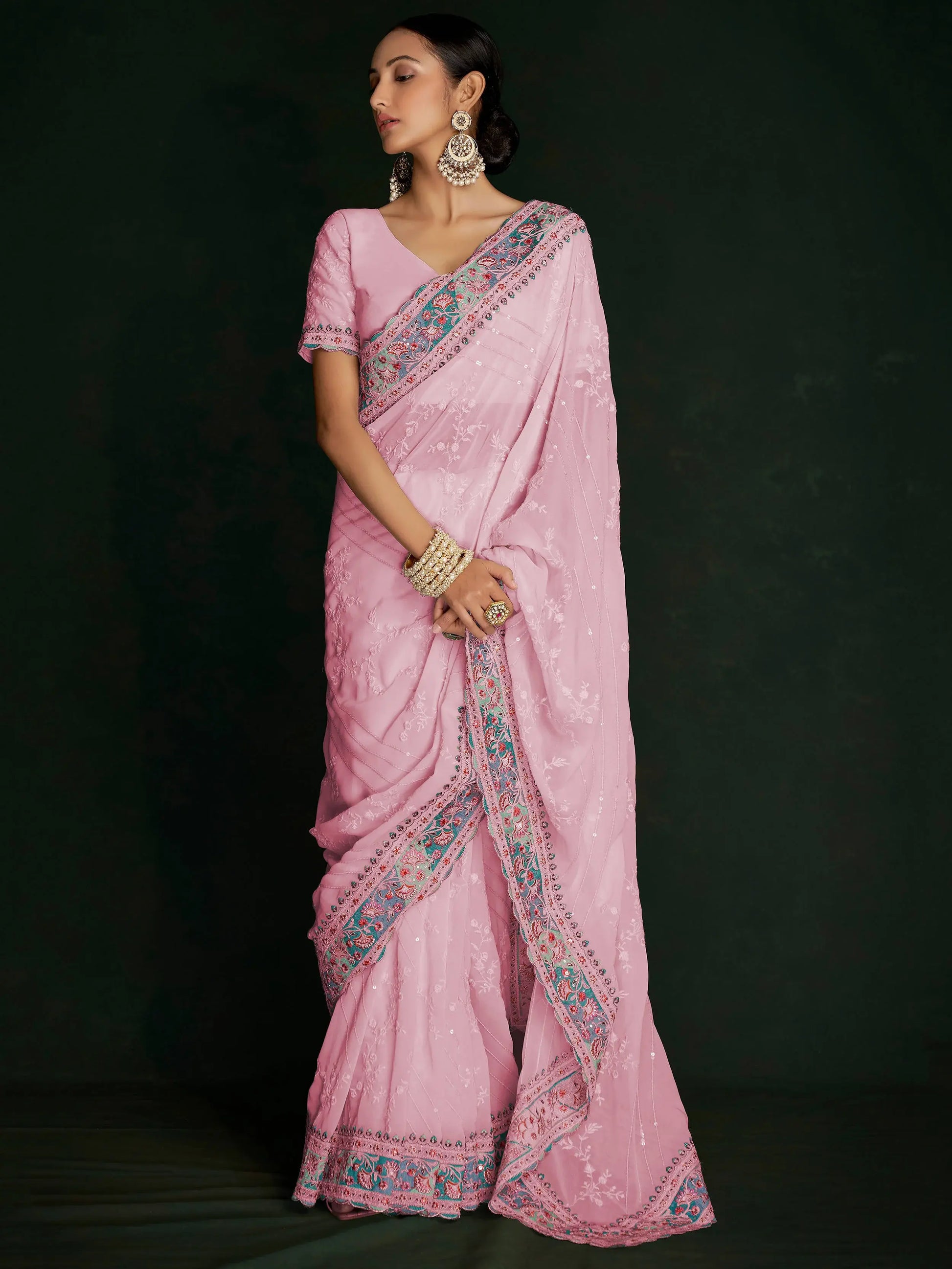 Beautiful Pink Lucknowi Georgette Festival Wear Saree With Blouse - Zeel Clothing