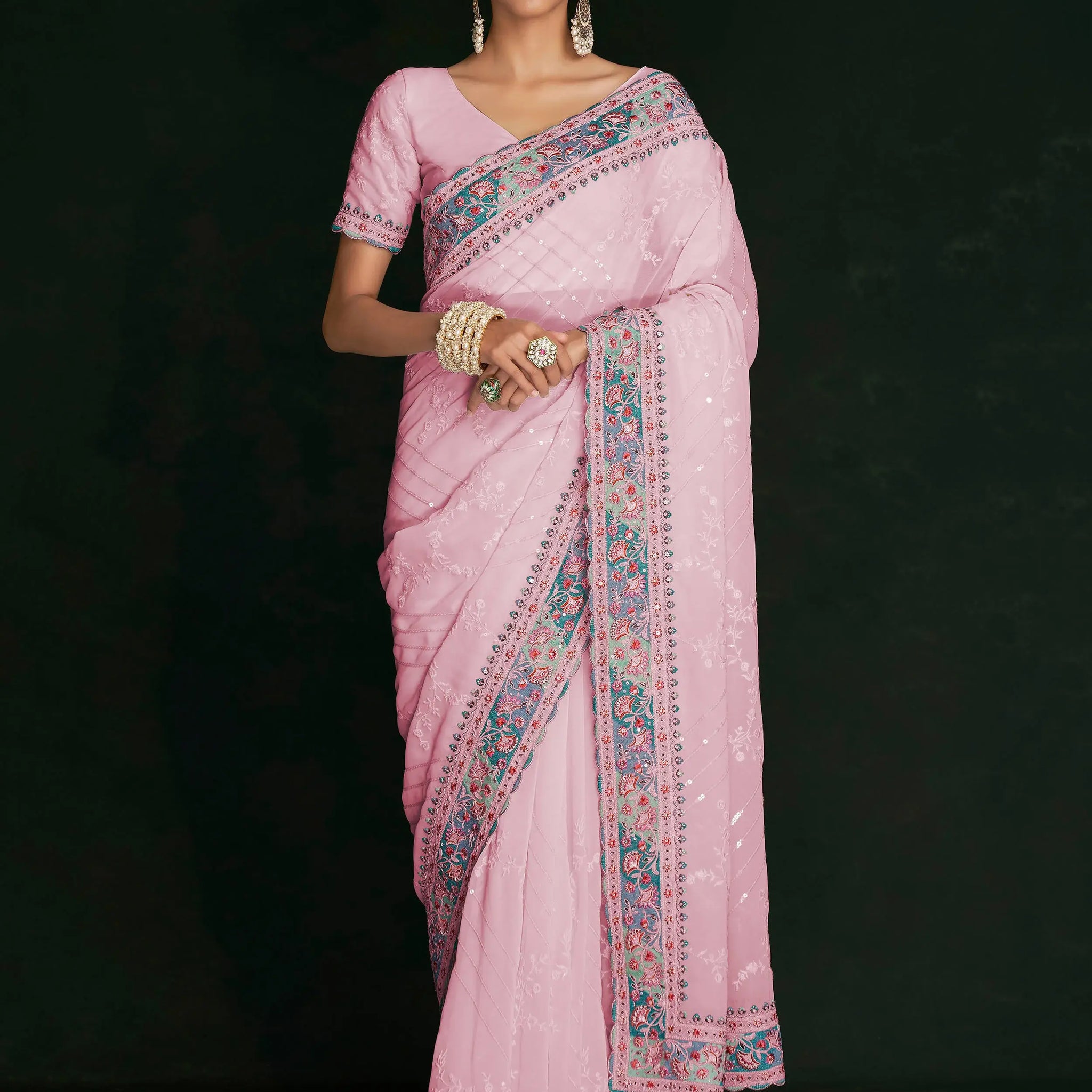 Beautiful Pink Lucknowi Georgette Festival Wear Saree With Blouse - Zeel Clothing