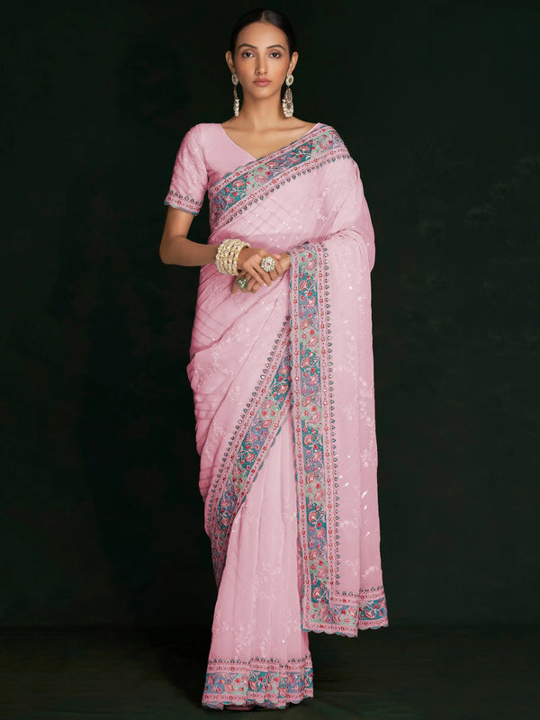Beautiful Pink Lucknowi Georgette Festival Wear Saree With Blouse - Zeel Clothing