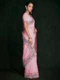 Beautiful Pink Lucknowi Georgette Festival Wear Saree With Blouse - Zeel Clothing