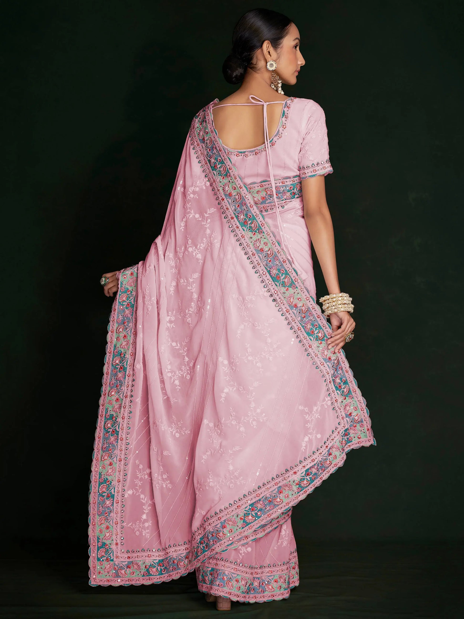 Beautiful Pink Lucknowi Georgette Festival Wear Saree With Blouse - Zeel Clothing