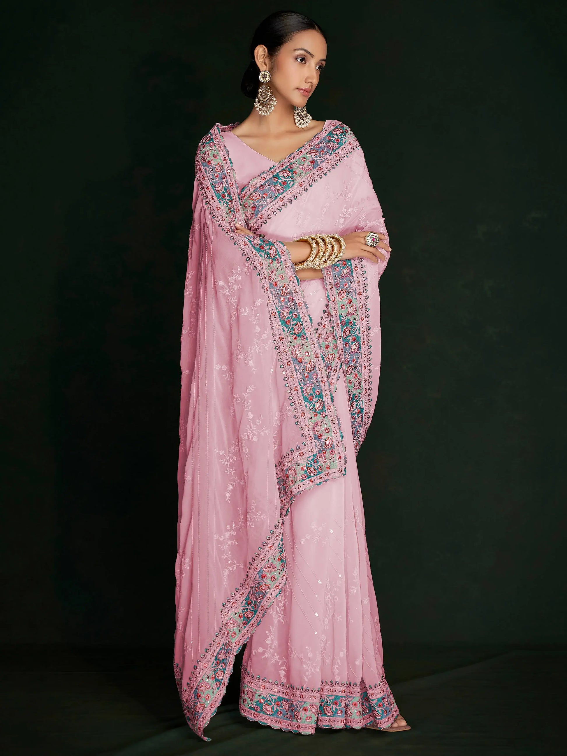 Beautiful Pink Lucknowi Georgette Festival Wear Saree With Blouse - Zeel Clothing