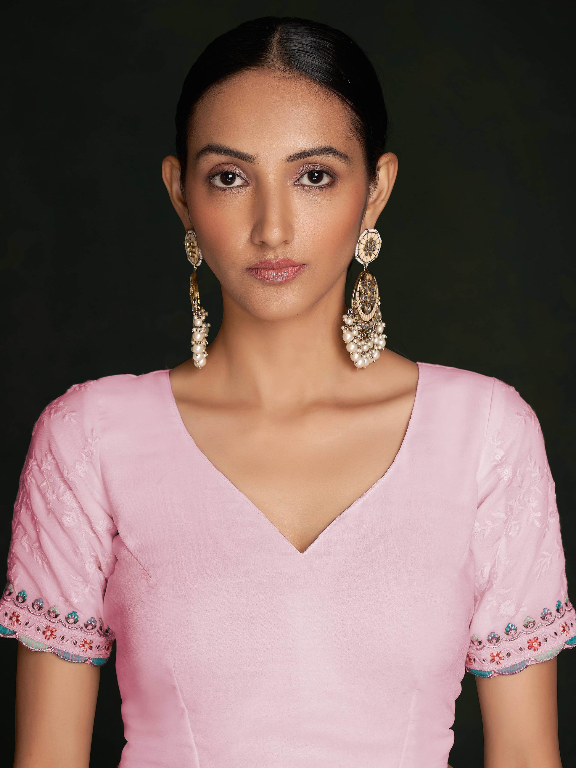 Beautiful Pink Lucknowi Georgette Festival Wear Saree With Blouse - Zeel Clothing