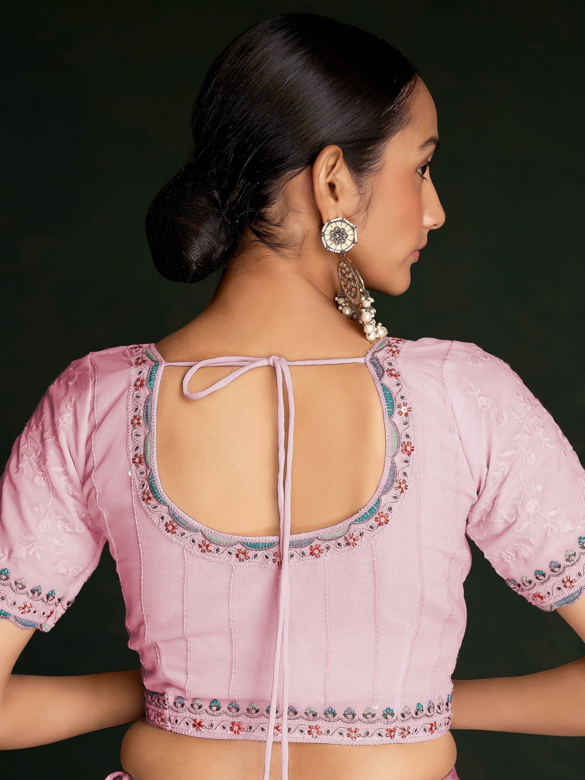 Beautiful Pink Lucknowi Georgette Festival Wear Saree With Blouse - Zeel Clothing