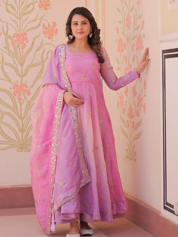 Beautiful Pink Organza Festive Wear Sequins Gown With Dupatta - Zeel Clothing