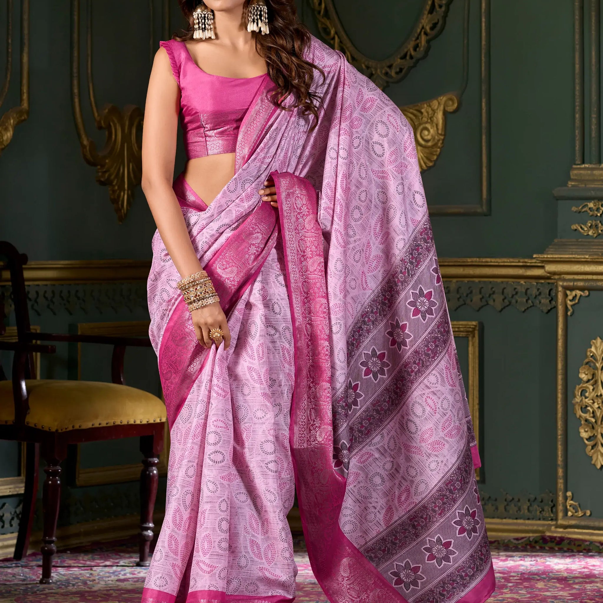 Beautiful Pink Printed Dola Silk Festival Wear Saree With Blouse - Zeel Clothing