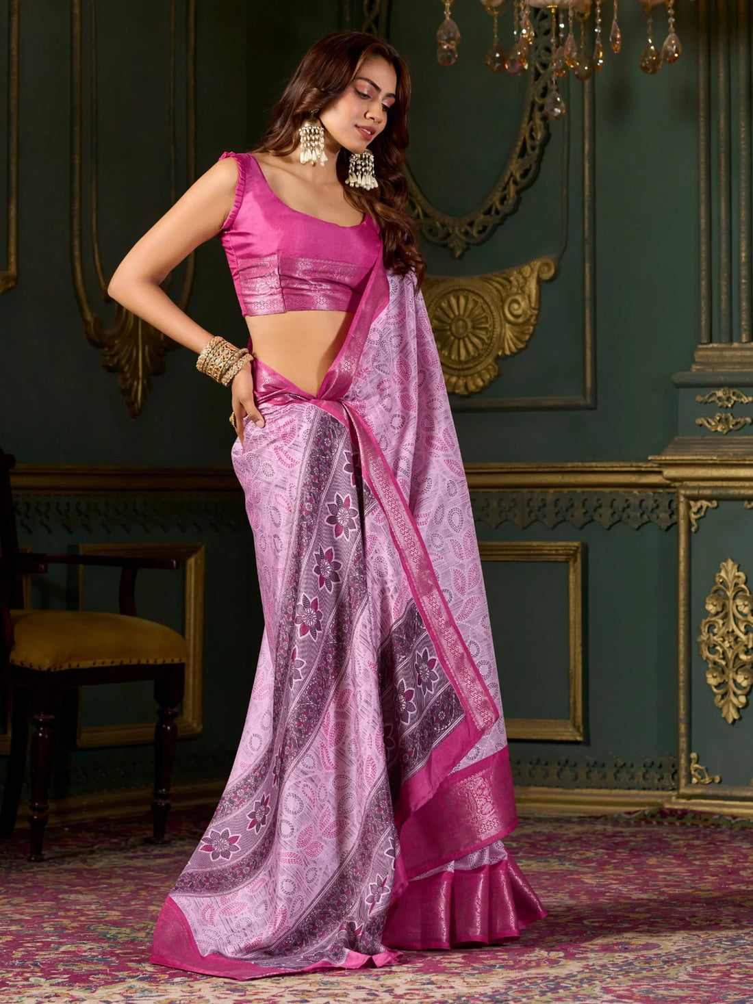 Beautiful Pink Printed Dola Silk Festival Wear Saree With Blouse - Zeel Clothing