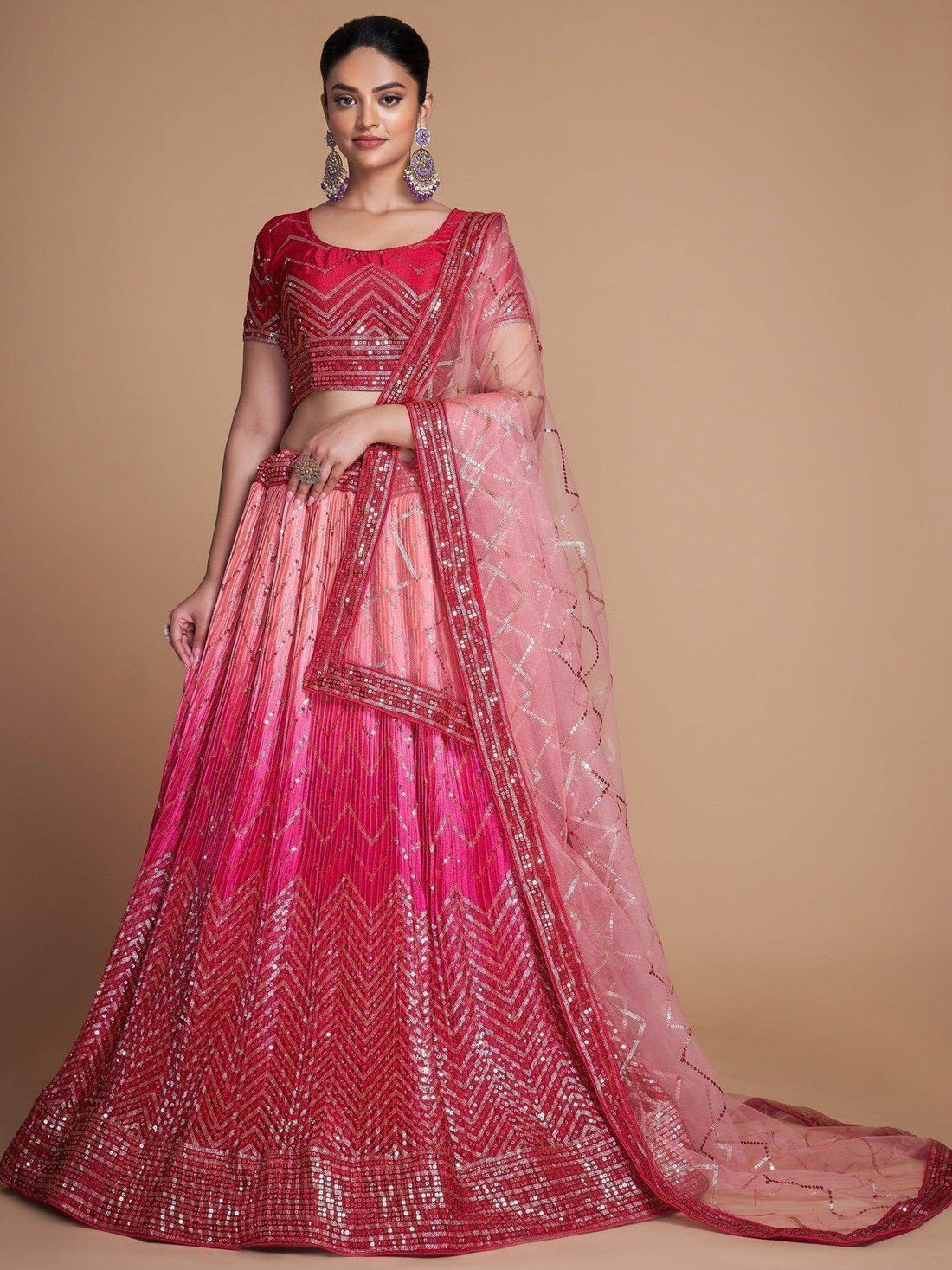 Beautiful Pink Sequins Chinon Engagement Wear Lehenga Choli - Zeel Clothing