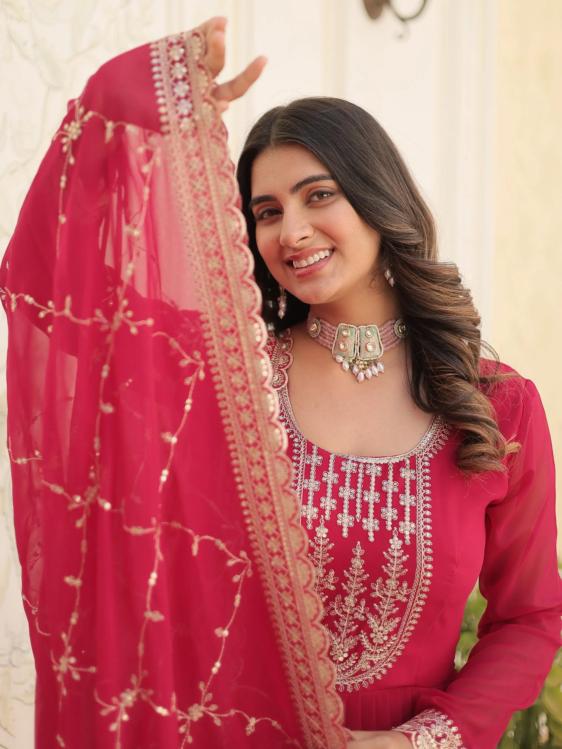 Beautiful Pink Sequins Georgette Reception Wear Gown With Dupatta - Zeel Clothing