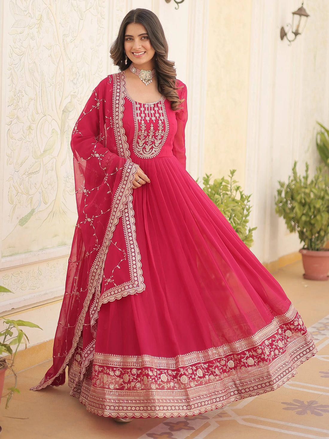 Beautiful Pink Sequins Georgette Reception Wear Gown With Dupatta - Zeel Clothing