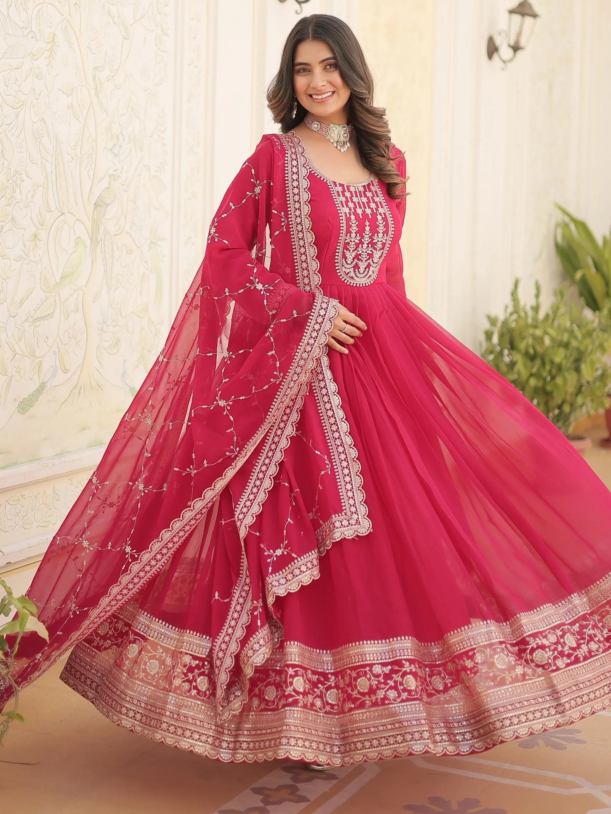 Beautiful Pink Sequins Georgette Reception Wear Gown With Dupatta - Zeel Clothing
