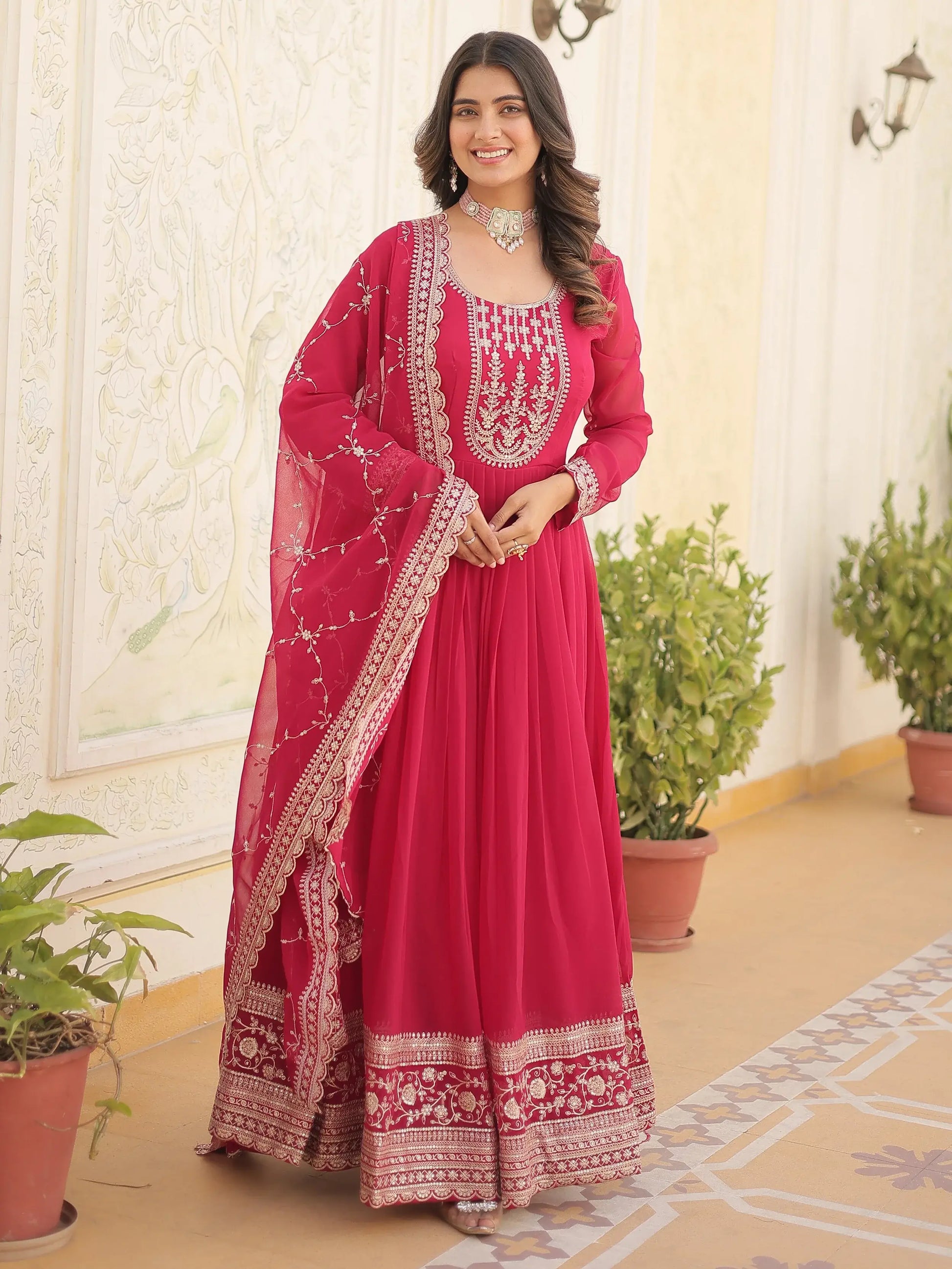Beautiful Pink Sequins Georgette Reception Wear Gown With Dupatta - Zeel Clothing