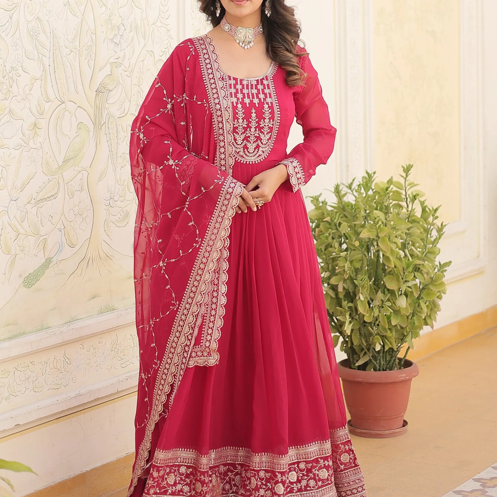 Beautiful Pink Sequins Georgette Reception Wear Gown With Dupatta - Zeel Clothing