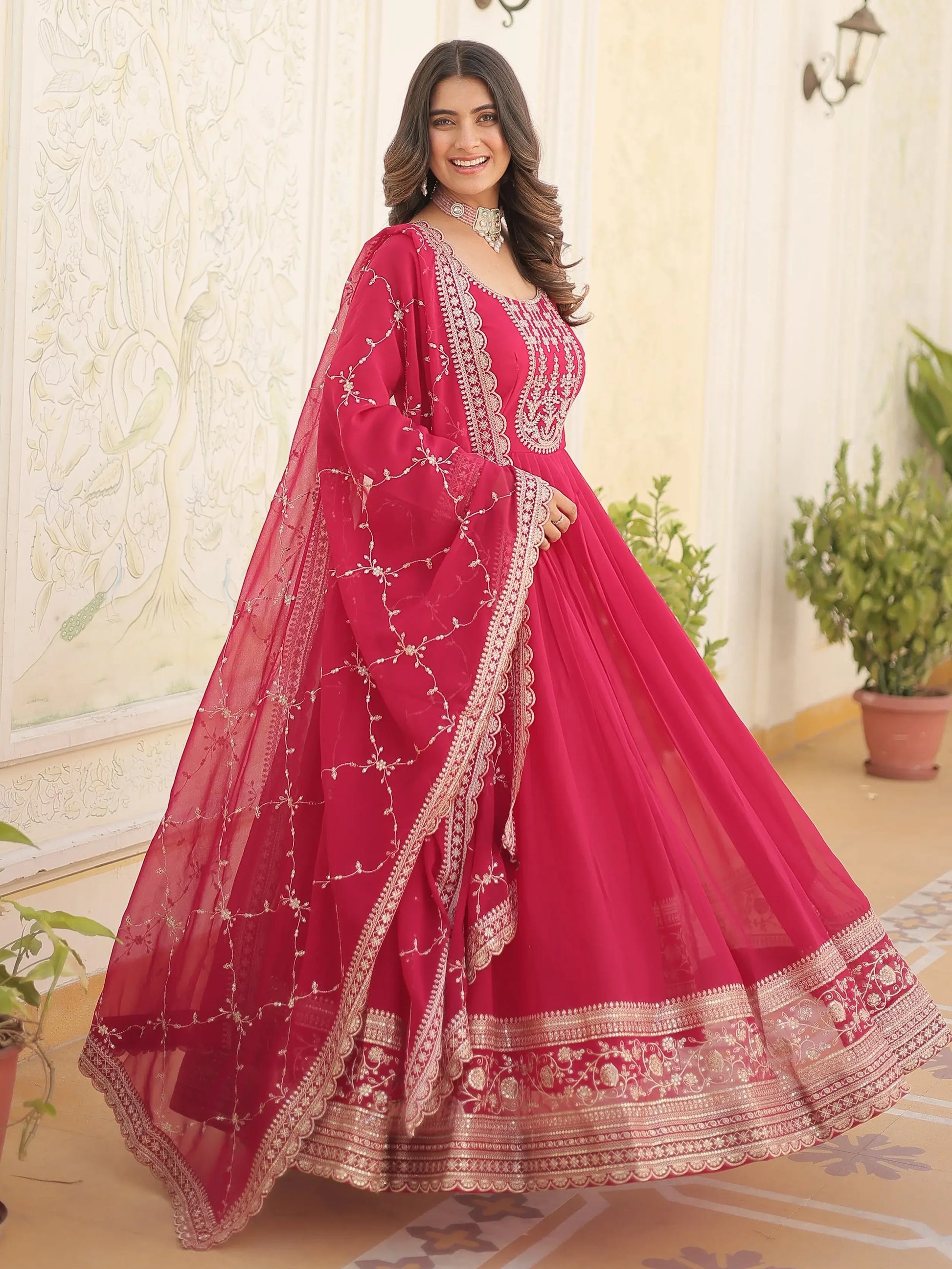 Beautiful Pink Sequins Georgette Reception Wear Gown With Dupatta - Zeel Clothing