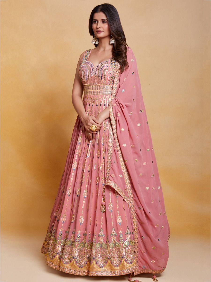 Beautiful Pink Sequins Georgette Traditional Gown With Dupatta